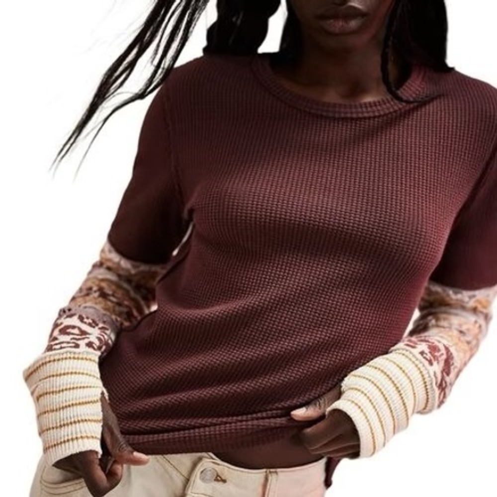 We The Free Free People Waffle Knit Thermal Mixed Print Sleeve Top Burgundy S